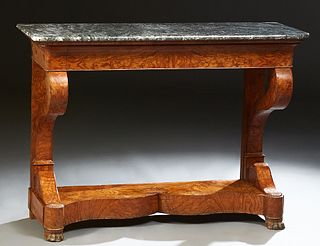 Exceptional French Carved Walnut and Elm Marble Top Console Table, 19th c., the highly figured rounded edge and corner grey marble o...