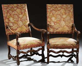 Pair of French Louis XIII Style Upholstered Fauteuils, 19th c