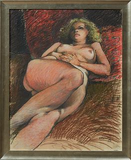 Don Wright (1931-2007, Louisiana), "Reclining Nude on Her Back," 1981, pastel, signed and dated lower right, presented in a silvered...