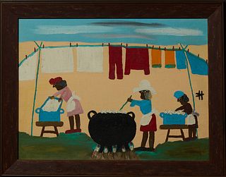 Clementine Hunter (1886-1988, Louisiana), "Wash Day," c. 1966, oil on board, signed right center, presented in a distressed wood fra...