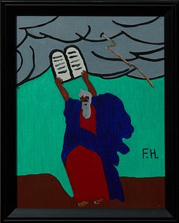 Frank Hunter, "The Ten Commandments," 20th c., oil on board, signed in monogram right center, presented in an ebonized frame, H.- 13...