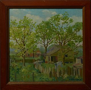 J. Sully Smyth, "Louisiana Cabins," 20th c., oil on board, signed lower right, presnted in a pine frame, H.- 17 1/4 in., W.- 17 1/4 in.