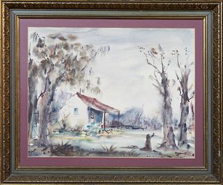 Nestor Hippoyle Fruge (1916-2012, New Orleans), "Cabin on the Bayou," 1952, watercolor, signed and dated lower right, presented in a...