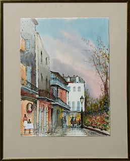 Nestor Hippolyte Fruge (1916-2012, New Orleans), "Pirate's Alley," 20th c., watercolor, signed lower left, presented in a gold metal...