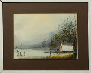 Nestor Hippolyte Fruge (1916-2012, New Orleans), "Swamp Scene with Cabin," 20th c., watercolor, signed lower right, presented in a s...