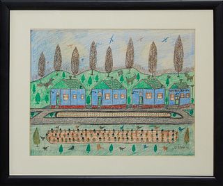 Chief Willey, Philip LeRoy Willey, (1887-1980, New Orleans), "Roadside Motel," 1970, colored pencil, signed and dated lower right, p...