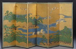 Chinese Six Panel Dressing Screen, late 19th c., decorated with birds, trees and ships on the water, H.- 54 in., Each panel- W.- 20...