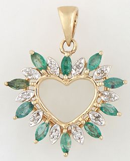 14K Yellow Gold Heart Pendant, mounted with oval marquise emeralds separated by small round diamonds, with a gold bail, H