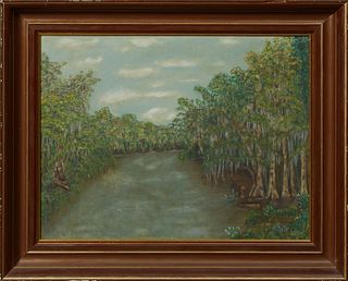 Louisiana School, "Moss Draped Swamp Scene," 20th c., presented in a mahogany frame with gilt highlights, H.- 19 1/2 in., W.- 25 1/2...