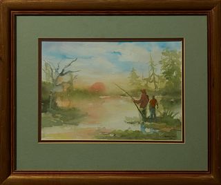 Harold "Napoleon" King (1940-2005, New Orleans), "Sunrise Swamp Scene with Fisherman," 1975, watercolor, signed and dated lower righ...