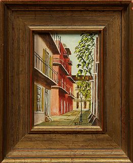 Paul Samson (New Orleans), "Pirates Alley," 20th c., watercolor on board, signed lower left, presented in a gilt frame, H.- 6 1/2 in...