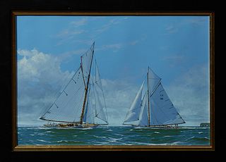 James Miller (b. 1962, British), "Mariquita and Tuiga on the Solent," 20th c., sailing scene, oil on canvas, signed lower left, sign...