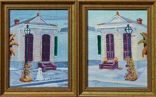 Martin Wohlgemuth (New Orleans), "Shotgun French Quarter Singles," 20th c., one in October, the other in snow, signed lower left, pr...