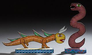 Michael Finster (1969-), "Zoobareiia Beast," and "Demaray Serpent," 1989, two painted wood sculptures, signed dated, and titled on t...