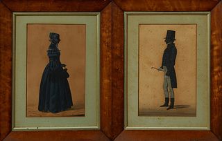 New Orleans School, "Gentleman in a Tophat," and "Lady in a Bonnet," 19th c., pair of watercolor silhouettes, presented in period ma...