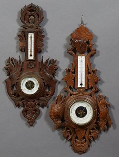 Two French Provincial Carved Beech Barometers, 19th c, one with a hunting motif of a dog and fowl, with a metal thermometer over the...