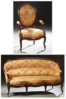 French Louis XV Style Two Piece Parlor Suite, c. 1870, consisting of a fauteuil and a settee, the fauteuil with an oval curved medal...