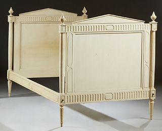 French Provincial Louis XV Style Polychromed Beech Day Bed, c. 1870, the pointed finger carved sleigh ends, with columnar supports,...
