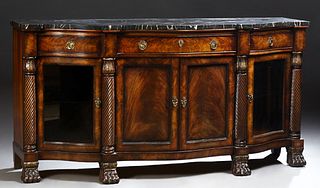 Large Carved Mahogany Marble Top Sideboard, 20th c., by Henredon, from the "Natchez" collection, the thick serpentine highly figured...