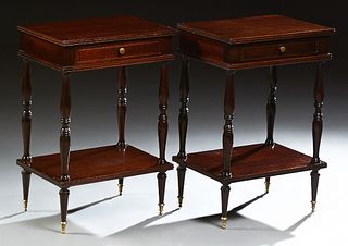 Pair of English Mahogany Nightstands, 20th c., each with a drawer on turned tapered legs joined by a lower stretcher shelf, on taper...
