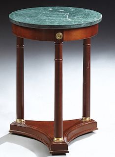 French Empire Style Marble Top Ormolu Mounted Mahogany Occasional Table, the green circular figured marble over a wide skirt, on thr...
