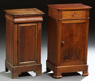 Two French Louis Philippe Carved Walnut Nightstands, c. 1860, each with a rectangular top above a single drawer and a long cupboard...