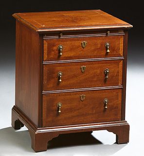 American Inlaid Walnut Nightstand, 20th c., by Henredon in the "Folio Four Collection," the stepped square edge above a pullout slid...