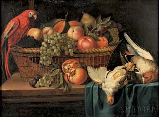 Continental School, 17th Century Style      Still Life with Fruit, Parrot, and Game Birds