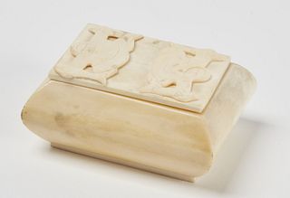 Carved Bone Box Eskimos & Fish, Signed Alaska 48