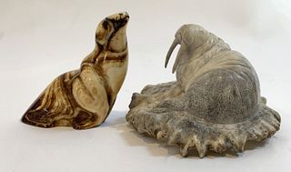 Carved Walrus and Seal - antler or bone