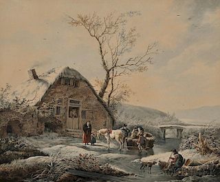 Attributed to Andries Vermeulen (Dutch, 1763-1814)      Winter Landscape with Figures and Horse-drawn Sledge Before a Thatched Cottage