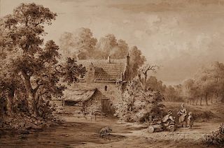 Andries Vermeulen (Dutch, 1763-1814)      A Forest Landscape with Travelers Resting by a House with a Pond