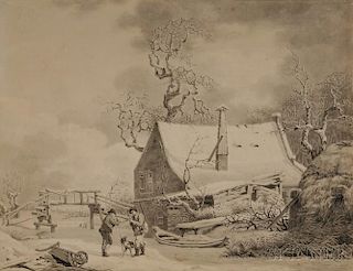 Andries Vermeulen (Dutch, 1763-1814)      Winter Landscape with Peasants Conversing in Front of a Cottage