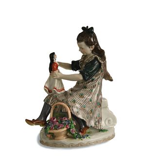 Meissen, Girl with Doll and Flower Basket, Model B214