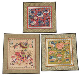 3 Square Chinese Embroideries, Qing