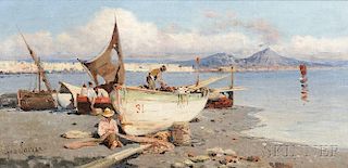 Giuseppe Laezza (Italian, 1835-1905)      Fishermen's Boats on the Sand, Naples