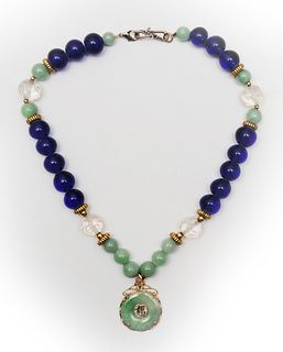 Chinese Jadeite, Peking Glass, and Crystal Necklace