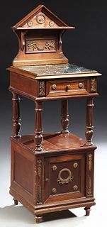 French Empire Style Ormolu Mounded Carved Mahogany Marble Top Nightstand, c. 1900, the peaked back over an inset highly figured verd...