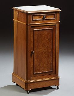 French Louis Philippe Carved Walnut Marble Top Nightstand, c. 1860, the inset canted corner white marble above a single drawer and l...