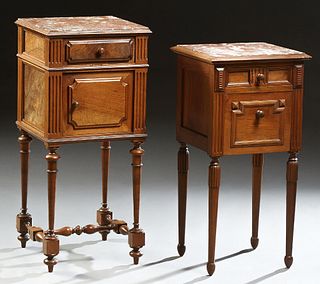 Two French Louis XVI Style Walnut Marble Top Nightstands, c. 1870, each with an inset highly figured rouge marble above a single dra...