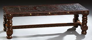 Peruvian Carved Walnut and Leather Bench, late 19th c., the embossed leather top with a central coat of arms of the city of Lima, wi...
