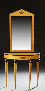 Biedermeier Style Inlaid Maple Demilune Console Table and Mirror, 20th c., with ebonized accents, on tapered cylindrical legs, the p...