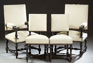 Four Piece Set of Carved Beech Louis XIV Style Dining Chairs, consisting of two fauteuils and two side chairs, the fauteuils with re...
