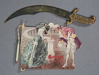 Mardi Gras- Krewe of Rex Ball Favor, 1902, in the form of a sword letter opener, theme "Quotations from Literature," H.- 8 1/2 in.,...