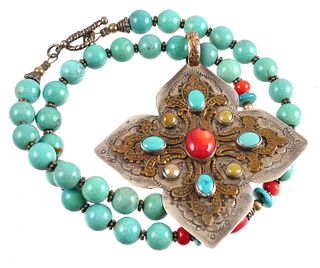 Navajo Turquoise & Coral Sterling Necklace