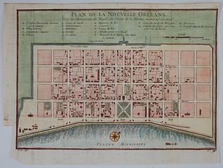 "Plan de la Nouvelle Orleans," by Jacques Nicolas Bellin (French, 1703-1772),ÿhand-colored copper engraved map on laid paper, from A...