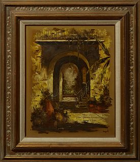 Myrl D'Arcy (New Orleans), "French Quarter Patio," mid 20th c., oil on masonite, signed lower right, presented in a carved giltwood...