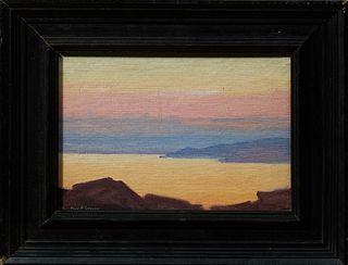 Charles P. Gruppe (1860-1940, American), "Coastal Scene," 20th c. oil on board, signed lower left, presented in a wide ebonized fram...