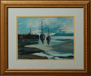 Roma Quartana (1915-2009, Louisiana), "Boats at the Dock," 20th c., watercolor, signed lower right, presented in a wide carved giltw...
