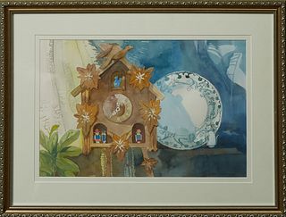 Roma Quartana (1915-2009, Louisiana), "Still Life of Cuckoo Clock and Plate," 20th c., watercolor, signed lower right, presented in...